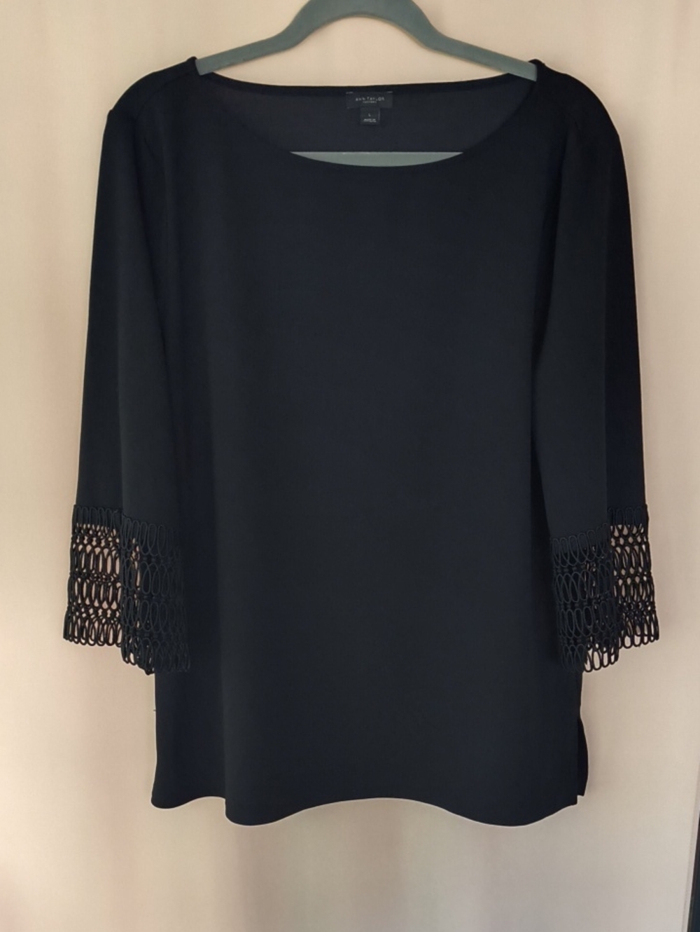 Ann Taylor Factory Black Tunic with Crochet Bell Sleeves Size L